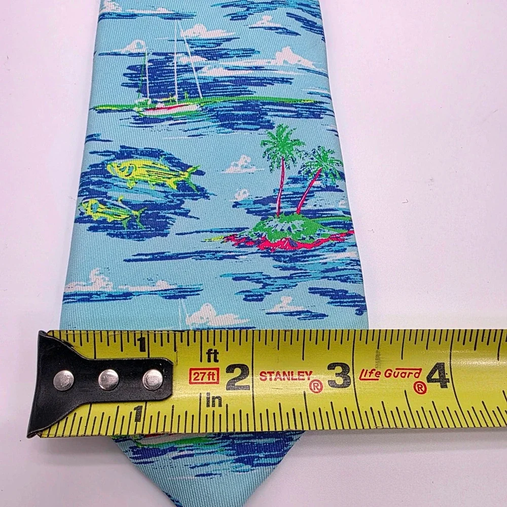 Vineyard Vines Martha Vineyard Silk Tie Light Blue Tropical Island Sailboat Fish